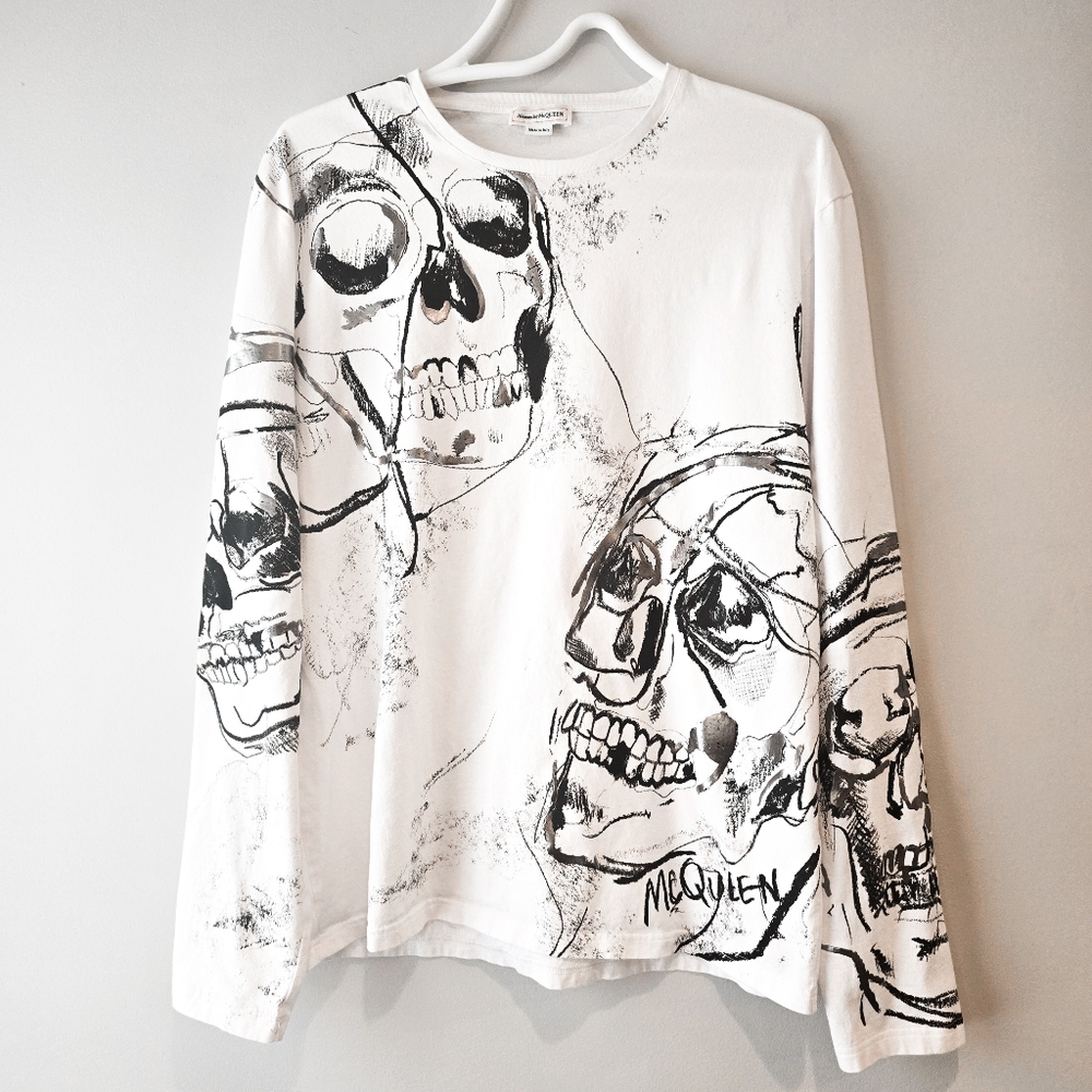 Alexander McQueen Y2k Skull logo XL long sleeve T-Shirt white, black, metallic